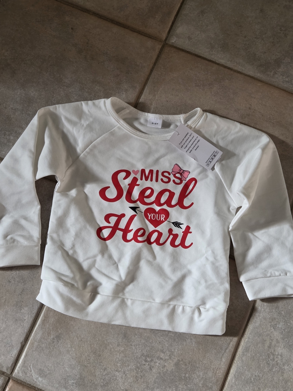 Kids White Sweatshirt with Red 'Miss Steal Your Heart' Graphic